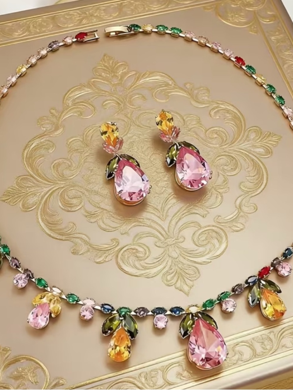 Multi-Color Crystal Teardrop Necklace and Earrings Set - Pink Accent